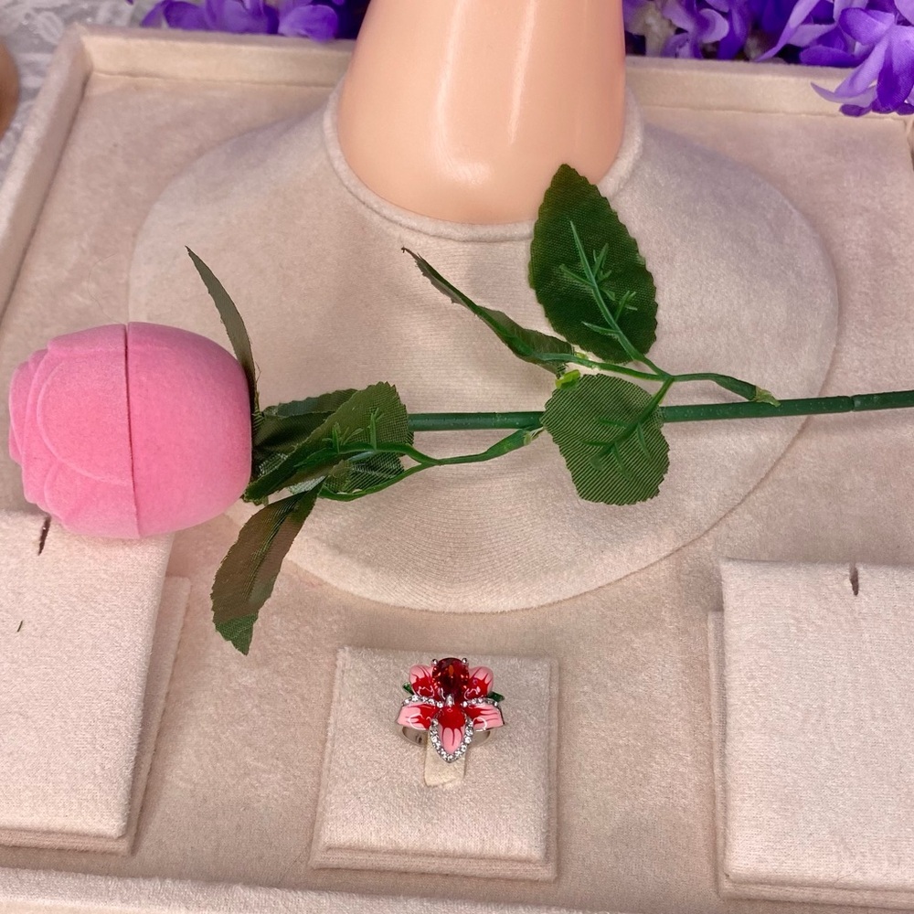 🌹 Silver Pink & Ruby Red Rhinestone Floral Ring 6 🌹 Including Velvet👑 Gift Box 🎀 - Picture 7 of 14